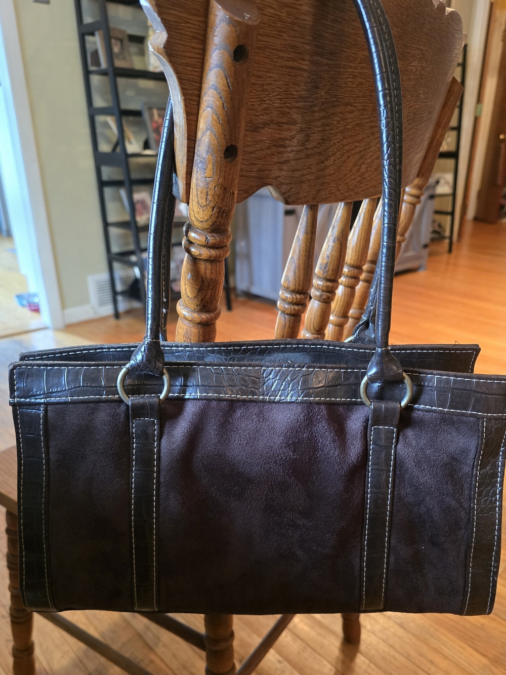 Elegant Dark Brown Suede Tote with Contrast Stitching